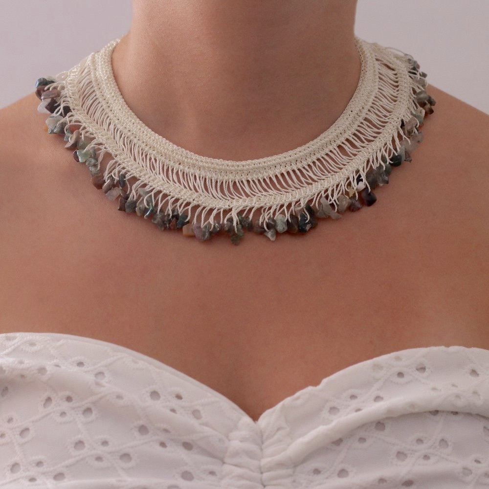 Beaded Lace Summer Choker, Gemstone Bib Collar Necklace, Crochet Choker, Agate